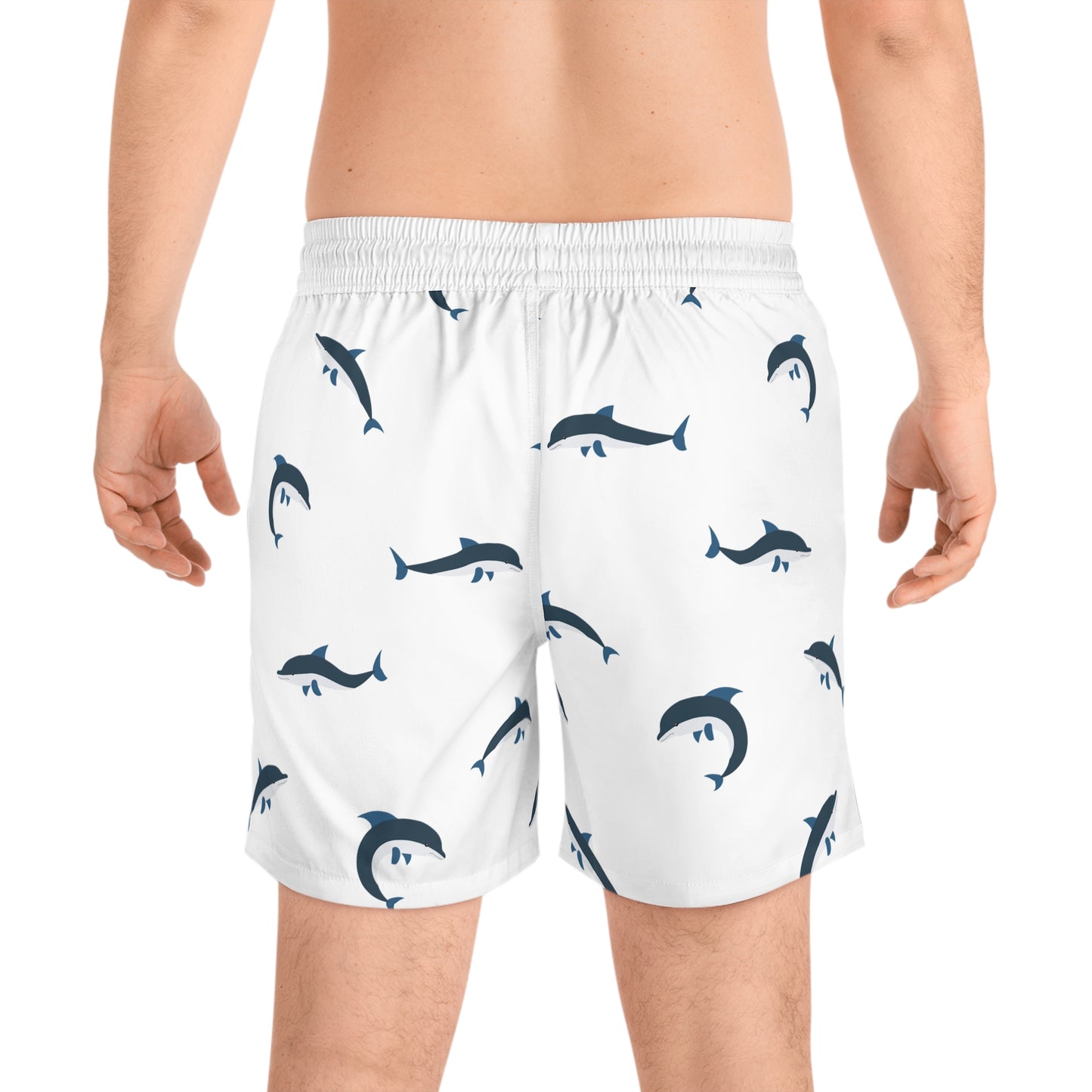 Men Mid Length Swim Shorts White with Blue Dolphin Pattern Beach & Poolwear