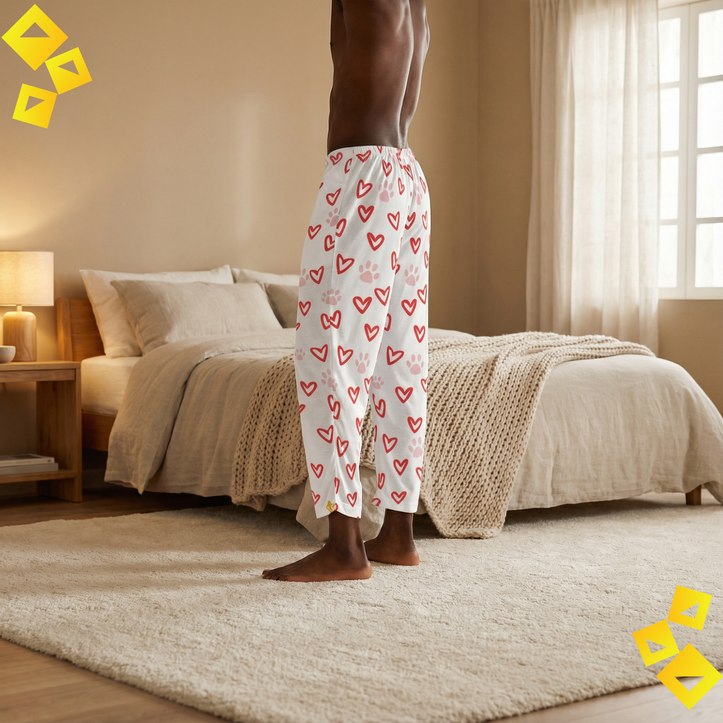 Men Pajama Pants - Pet Lover Valentine Pajamas - Heart and Paw Print Sleep Pants - Cozy Dog Love Loungewear