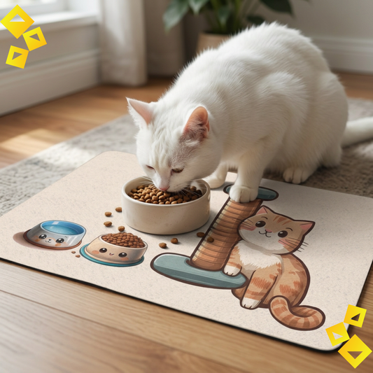 Pet Food Mat, Orange Cat with Scratcher Design, Cat Bowl Placemat for Pet Lover, Non Slip Feeding Mat Gift for Cat Mom