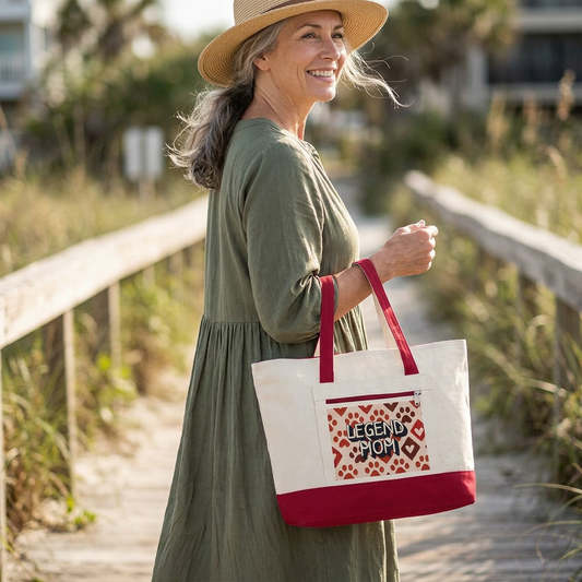 Zippered Canvas Tote, Legend Mom Dog Paw Print Bag, Pet Lover Mom Tote Bag, Cute Paw Pattern Carryall, Everyday Shopping Bag