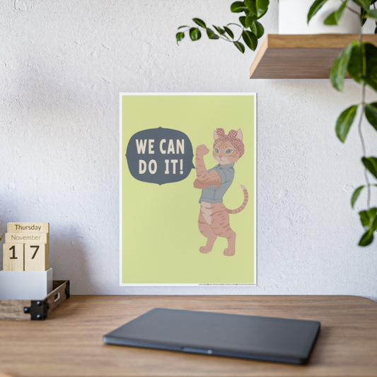 Gloss Poster Girl Power We Can Do It Cat Poster, Cute Feminist Cat Wall Art, Motivational Kids Room Decor, Gift for Cat Lovers