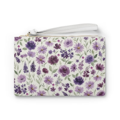 Purple Floral Pattern Clutch Bag | Lavender Roses Daisies Wristlet