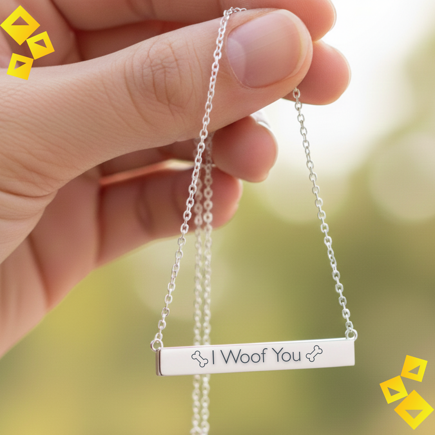 Horizontal Bar Necklace - ""I Woof You"" Engraved Dog Lover Gift - Cute Pet-Themed Jewelry for Women