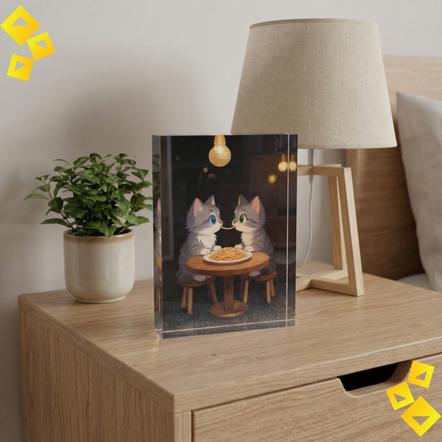 Photo Block - Romantic Cat Wall Art - Cute Kittens Sharing Spaghetti - Acrylic Photo Block for Cat Lovers & Cozy Home Decor