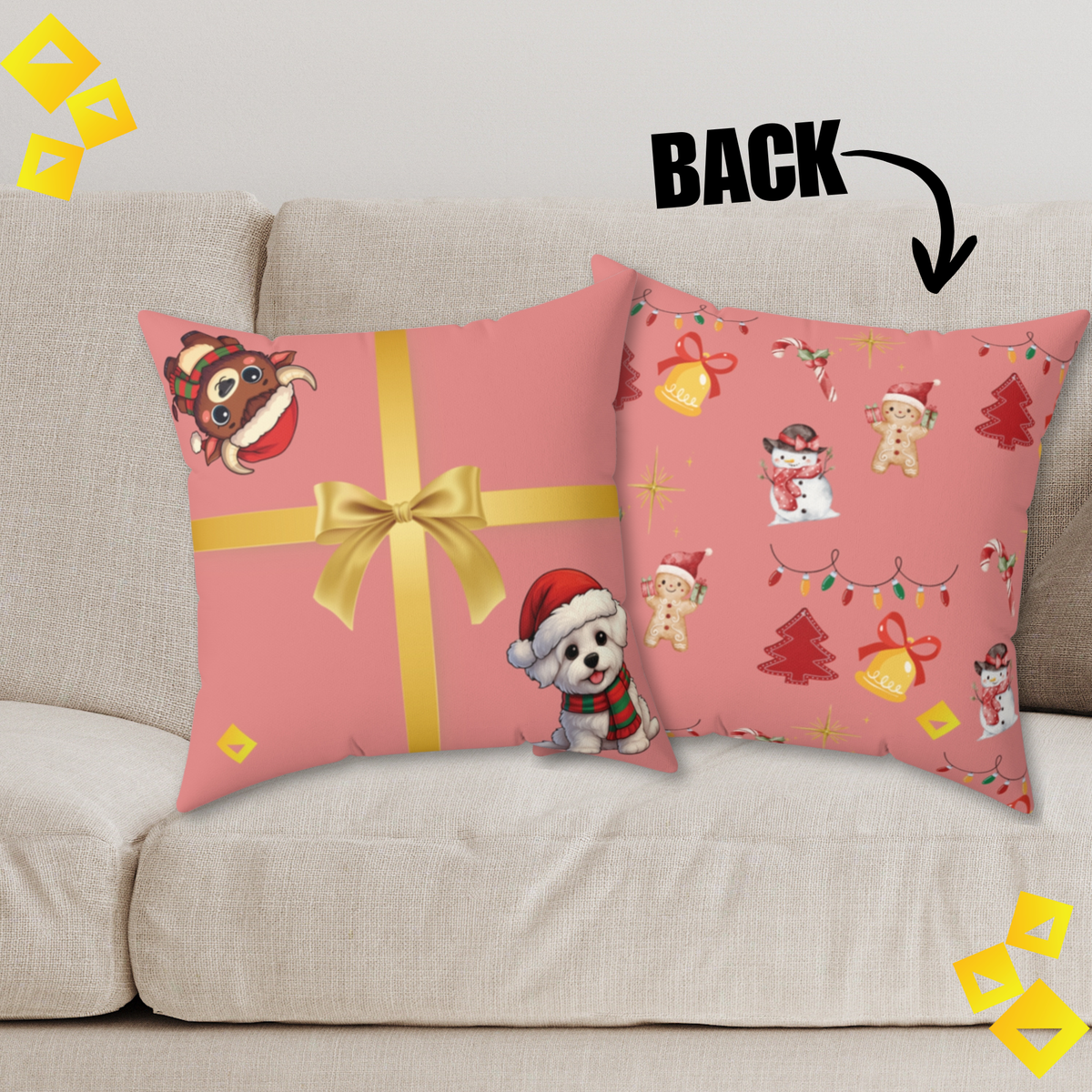 Christmas Pillow Cover - Coral Gift Box Design with Dog & Bison - Double-Sided Faux Suede Festive Throw Pillow