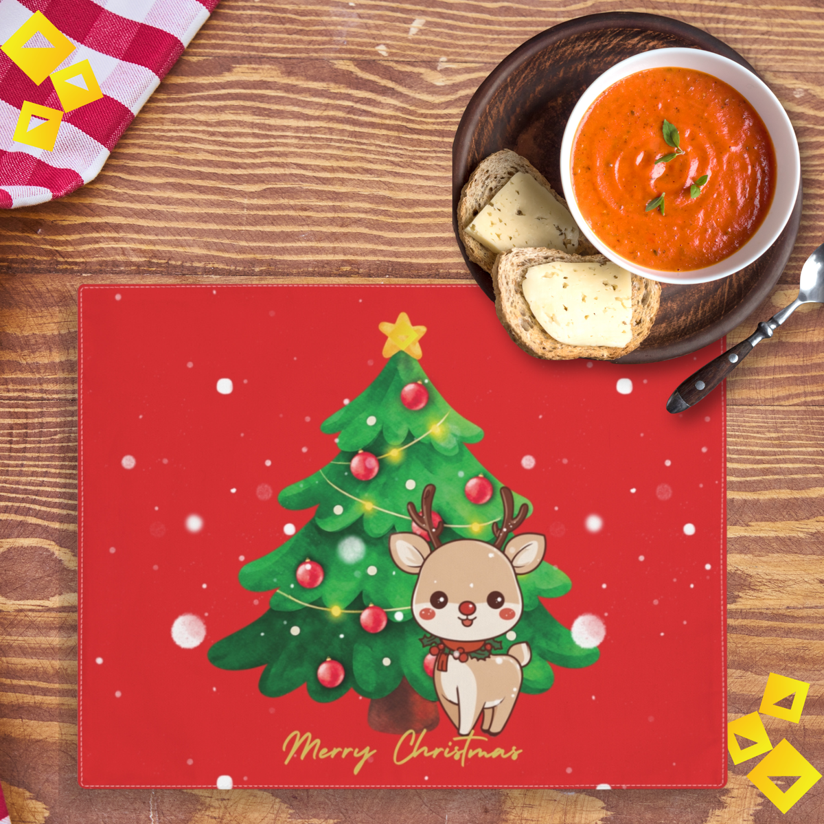 Christmas Reindeer Placemat - Cute Holiday Table Decor with Tree Design, Red Background