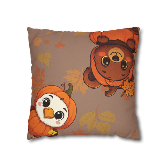 Thanksgiving Pillow Cover - Bear, Owl & Turkey Design - Double-Sided Fall Throw Pillow Case