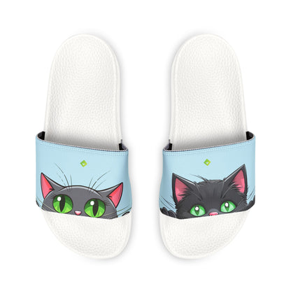 Kawaii Black Cat Sandals, Women's Summer Shoes, Baby Blue, Green-Eyed Cat Footwear, Removable-Strap Sandals