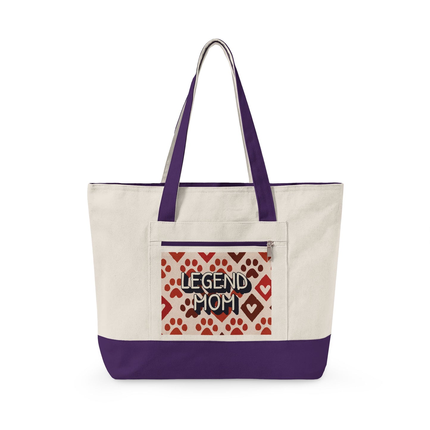 Zippered Canvas Tote, Legend Mom Dog Paw Print Bag, Pet Lover Mom Tote Bag, Cute Paw Pattern Carryall, Everyday Shopping Bag