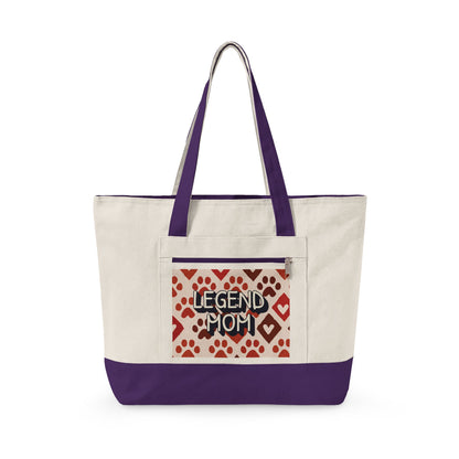 Zippered Canvas Tote, Legend Mom Dog Paw Print Bag, Pet Lover Mom Tote Bag, Cute Paw Pattern Carryall, Everyday Shopping Bag