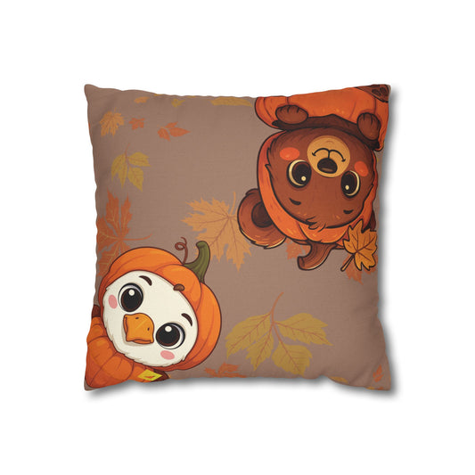 Thanksgiving Pillow Cover - Bear, Owl & Turkey Design - Double-Sided Fall Throw Pillow Case