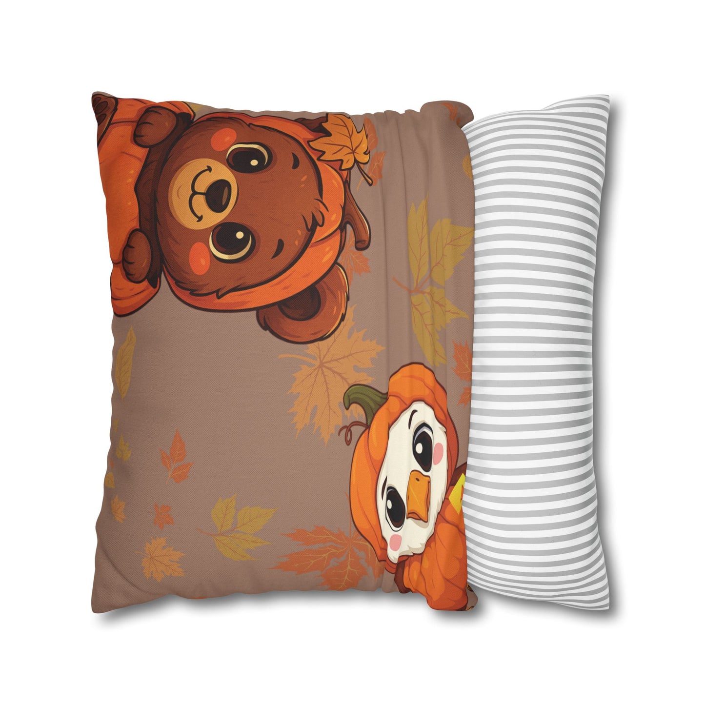 Thanksgiving Pillow Cover - Bear, Owl & Turkey Design - Double-Sided Fall Throw Pillow Case