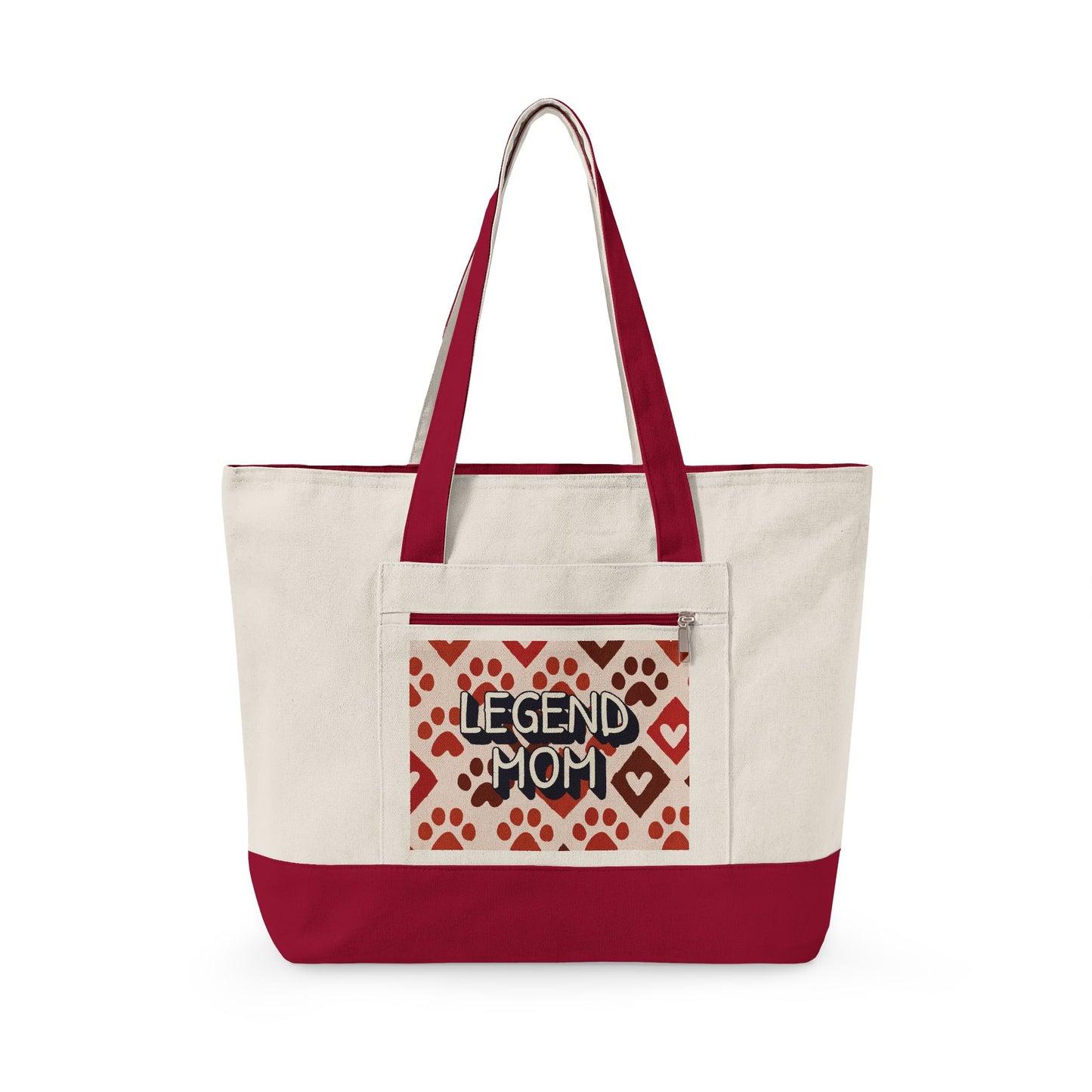 Zippered Canvas Tote, Legend Mom Dog Paw Print Bag, Pet Lover Mom Tote Bag, Cute Paw Pattern Carryall, Everyday Shopping Bag