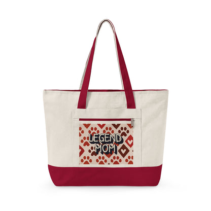 Zippered Canvas Tote, Legend Mom Dog Paw Print Bag, Pet Lover Mom Tote Bag, Cute Paw Pattern Carryall, Everyday Shopping Bag