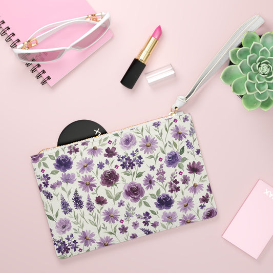 Purple Floral Pattern Clutch Bag | Lavender Roses Daisies Wristlet
