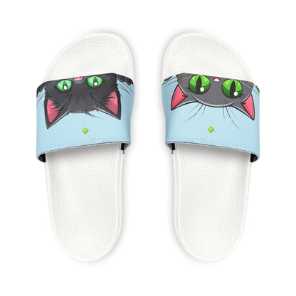 Kawaii Black Cat Sandals, Women's Summer Shoes, Baby Blue, Green-Eyed Cat Footwear, Removable-Strap Sandals