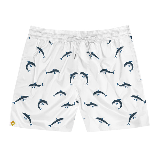 Men Mid Length Swim Shorts  White with Blue Dolphin Pattern  Beach & Poolwear
