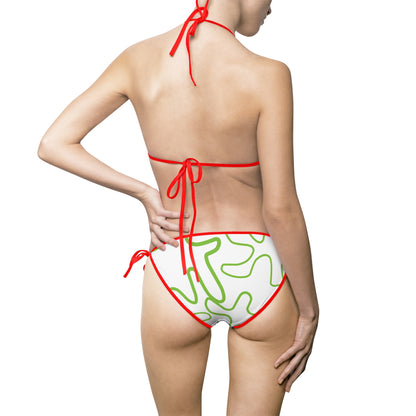 Women Swimsuit  White Neon Abstract Print with Multiple Strap Color Options, Summer Swimwear