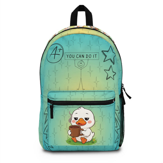 Cute Duck School Backpack | You Can Do It A+ Motivational Bag for Kids | Kawaii Cartoon Print | Fun Book Bag with Side Pockets & Zippers