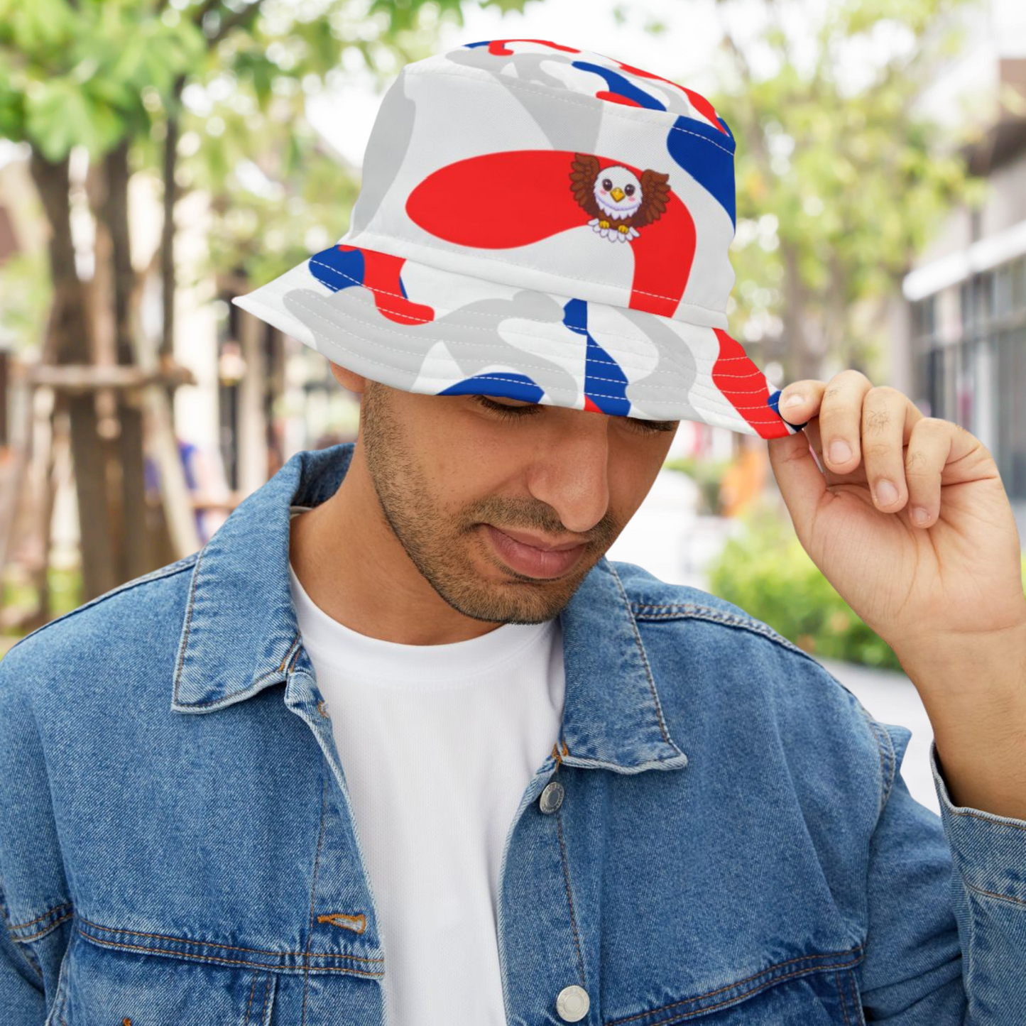 Bucket Hat | Patriotic Red White & Blue Camo with Eagle | Trendy Summer and Festival Style