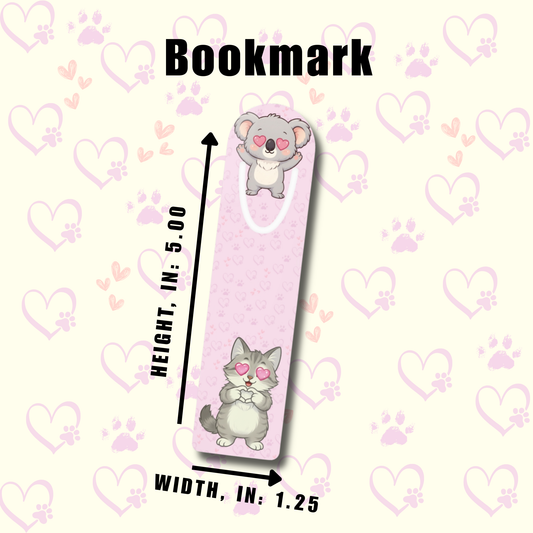 Bookmark - Cute Koala & Cat Heart Eyes - Pastel Animal Bookmark for Book Lovers - Sweet Reader Gift for Cozy Reading Time