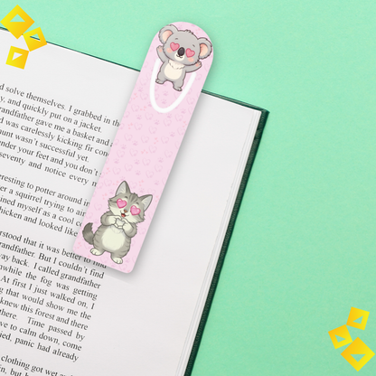 Bookmark - Cute Koala & Cat Heart Eyes - Pastel Animal Bookmark for Book Lovers - Sweet Reader Gift for Cozy Reading Time