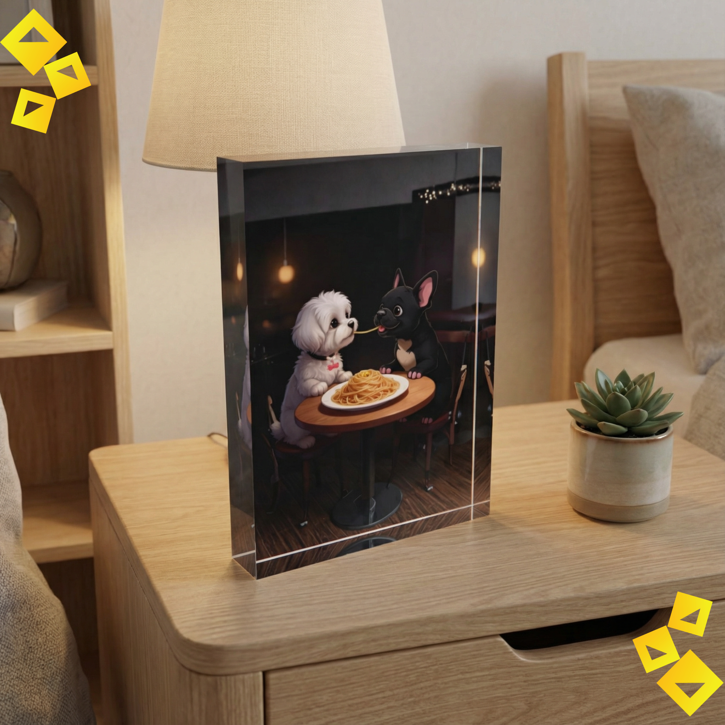 Photo Block - Romantic Dog Wall Art - Dogs Sharing Spaghetti - Acrylic Photo Block for Dog Lovers & Cozy Home Decor