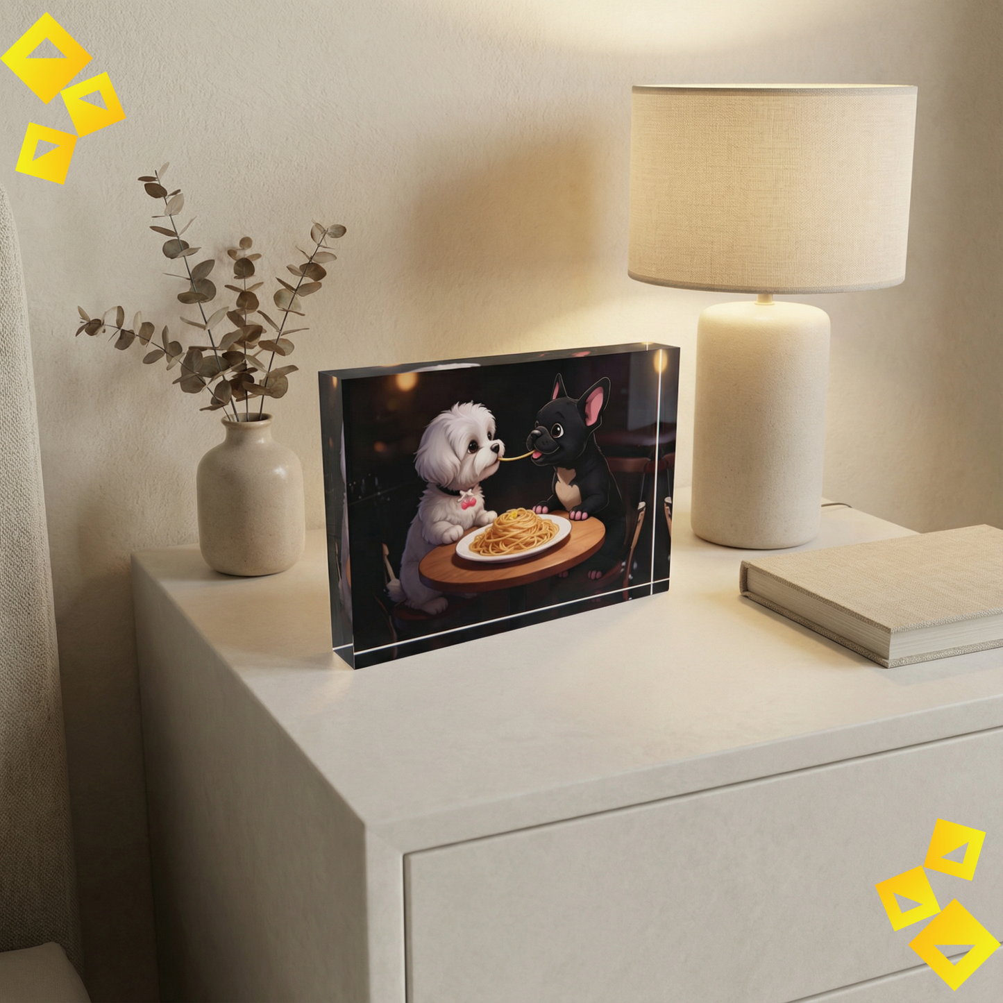 Photo Block - Romantic Dog Wall Art - Dogs Sharing Spaghetti - Acrylic Photo Block for Dog Lovers & Cozy Home Decor