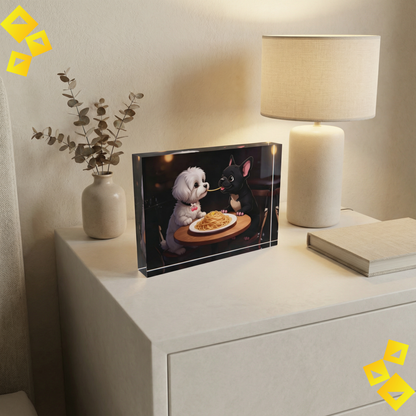 Photo Block - Romantic Dog Wall Art - Dogs Sharing Spaghetti - Acrylic Photo Block for Dog Lovers & Cozy Home Decor