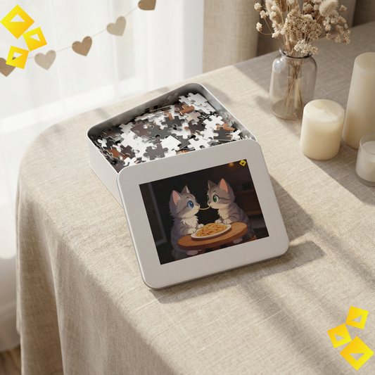 Jigsaw Puzzle with Tin - Cute Cat Love Puzzle - Romantic Kitten Art - Pet Lover Gift - Cozy Animal Puzzle 30 to 2000 Pieces