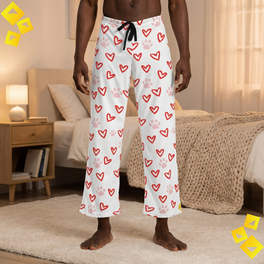Men Pajama Pants - Pet Lover Valentine Pajamas - Heart and Paw Print Sleep Pants - Cozy Dog Love Loungewear