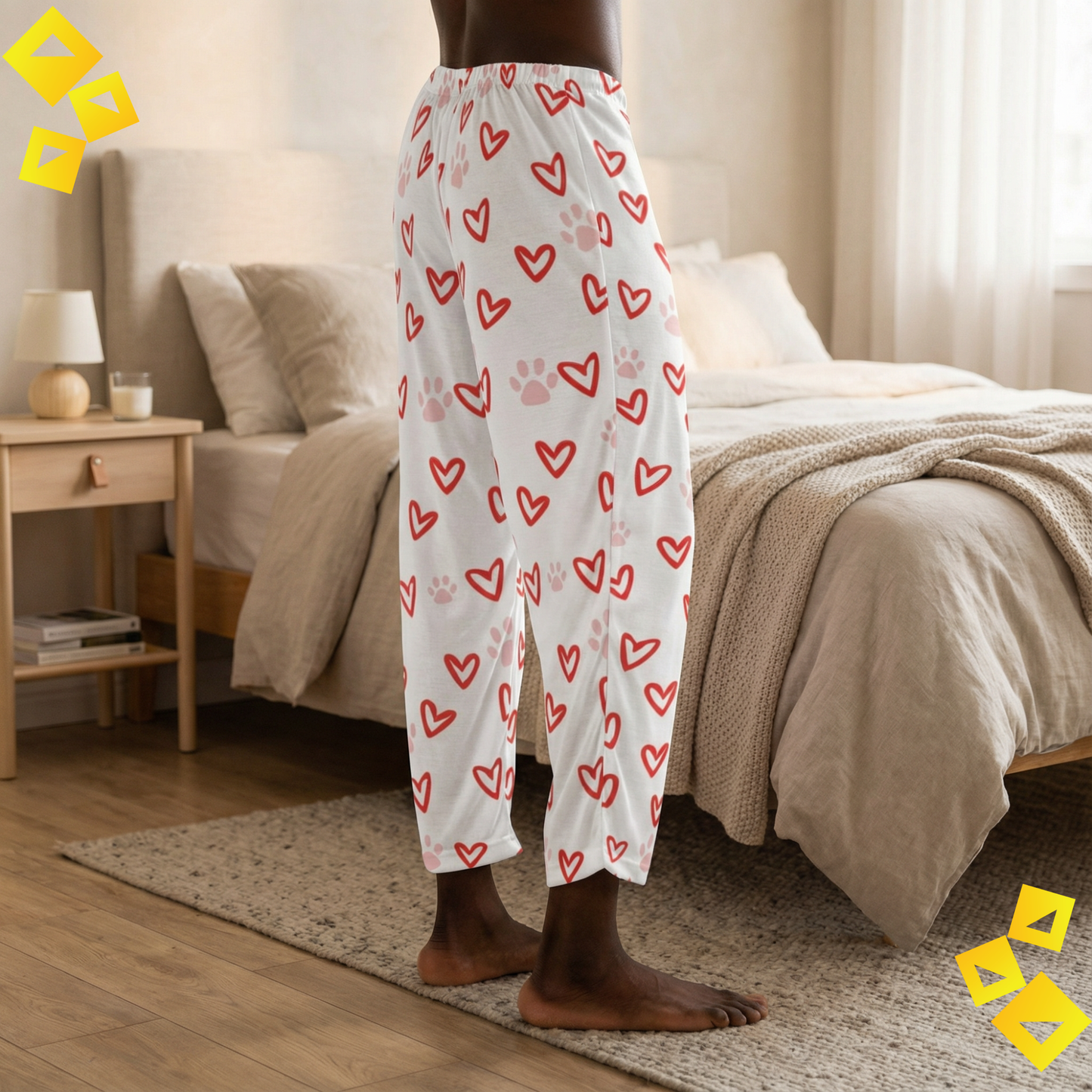 Men Pajama Pants - Pet Lover Valentine Pajamas - Heart and Paw Print Sleep Pants - Cozy Dog Love Loungewear