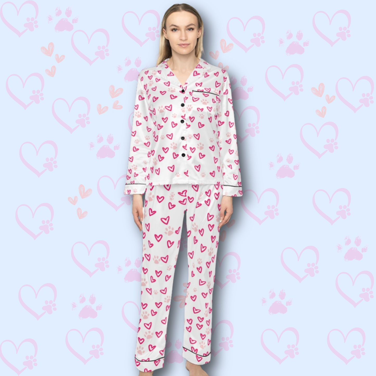 Women Satin Pajama Set - Pet Lover Valentine Pajamas - Heart & Paw Print Sleepwear - Cozy Dog Love PJs