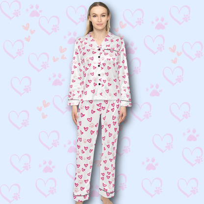Women Satin Pajama Set - Pet Lover Valentine Pajamas - Heart & Paw Print Sleepwear - Cozy Dog Love PJs