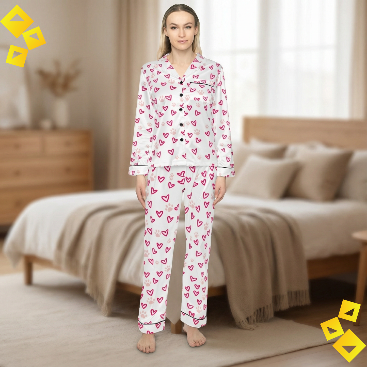 Women Satin Pajama Set - Pet Lover Valentine Pajamas - Heart & Paw Print Sleepwear - Cozy Dog Love PJs