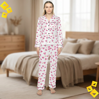 Women Satin Pajama Set - Pet Lover Valentine Pajamas - Heart & Paw Print Sleepwear - Cozy Dog Love PJs