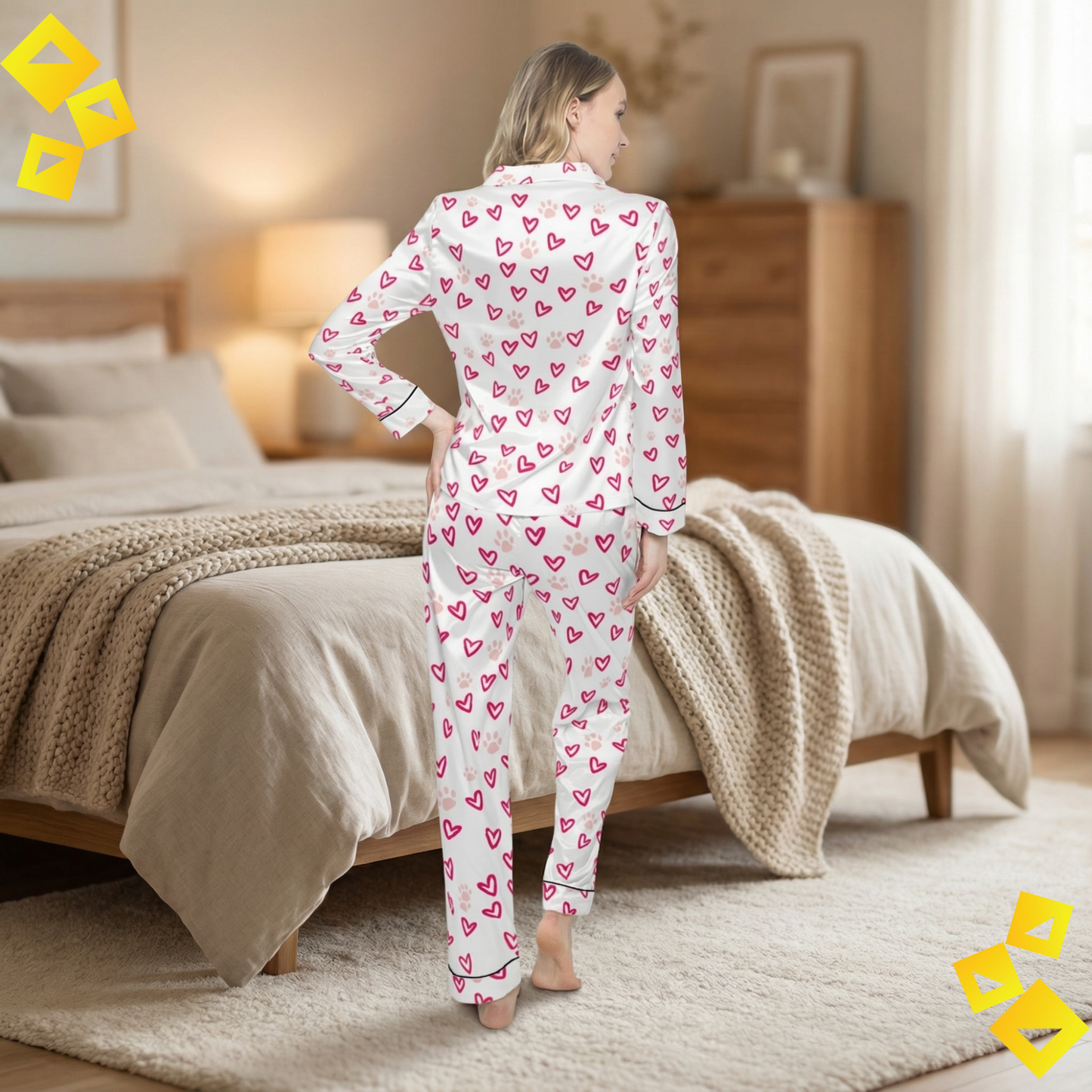 Women Satin Pajama Set - Pet Lover Valentine Pajamas - Heart & Paw Print Sleepwear - Cozy Dog Love PJs