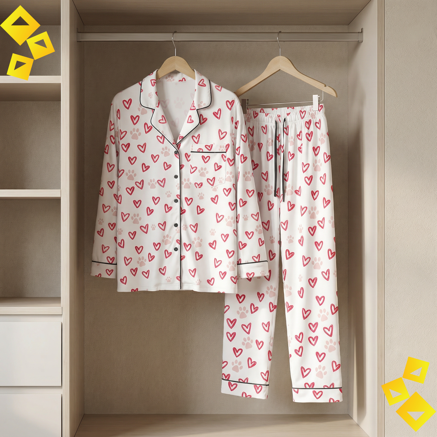 Women Satin Pajama Set - Pet Lover Valentine Pajamas - Heart & Paw Print Sleepwear - Cozy Dog Love PJs