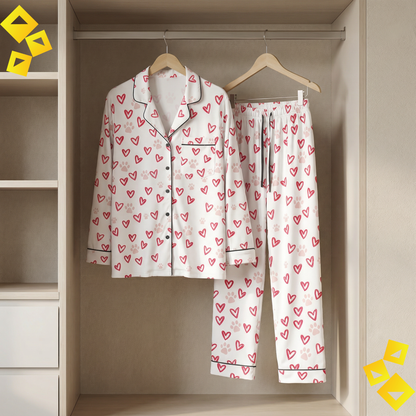 Women Satin Pajama Set - Pet Lover Valentine Pajamas - Heart & Paw Print Sleepwear - Cozy Dog Love PJs
