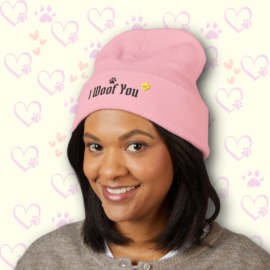 Cuffed Beanie - I Woof You Embroidered Hat - Pet Lover Winter Beanie - Dog Love Gift - Cozy Valentine Beanie