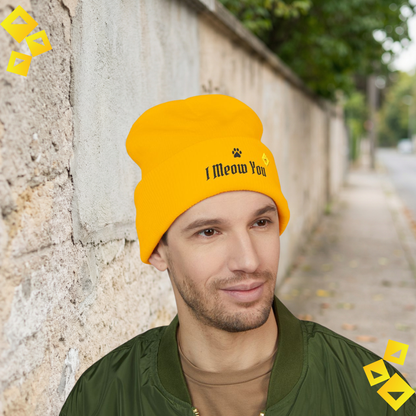 Pom Pom Knit Beanie - I Meow You Cat Hat - Cute Embroidered Winter Beanie for Cat Lovers & Pet Parents
