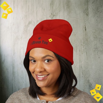 Pom Pom Knit Beanie - I Meow You Cat Hat - Cute Embroidered Winter Beanie for Cat Lovers & Pet Parents