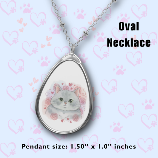 Oval Cat Necklace - Cute Gray Cat Pendant - Romantic Pet Lover Jewelry - Animal Lover Gift with Hearts & Roses