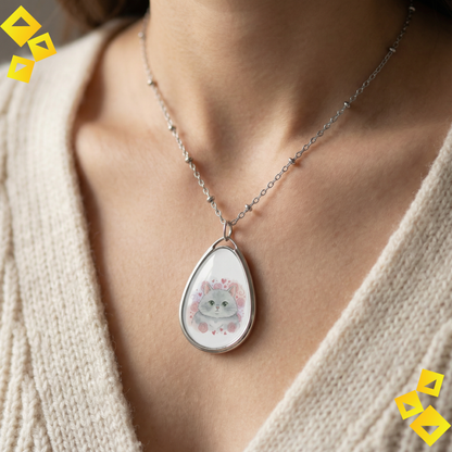 Oval Cat Necklace - Cute Gray Cat Pendant - Romantic Pet Lover Jewelry - Animal Lover Gift with Hearts & Roses