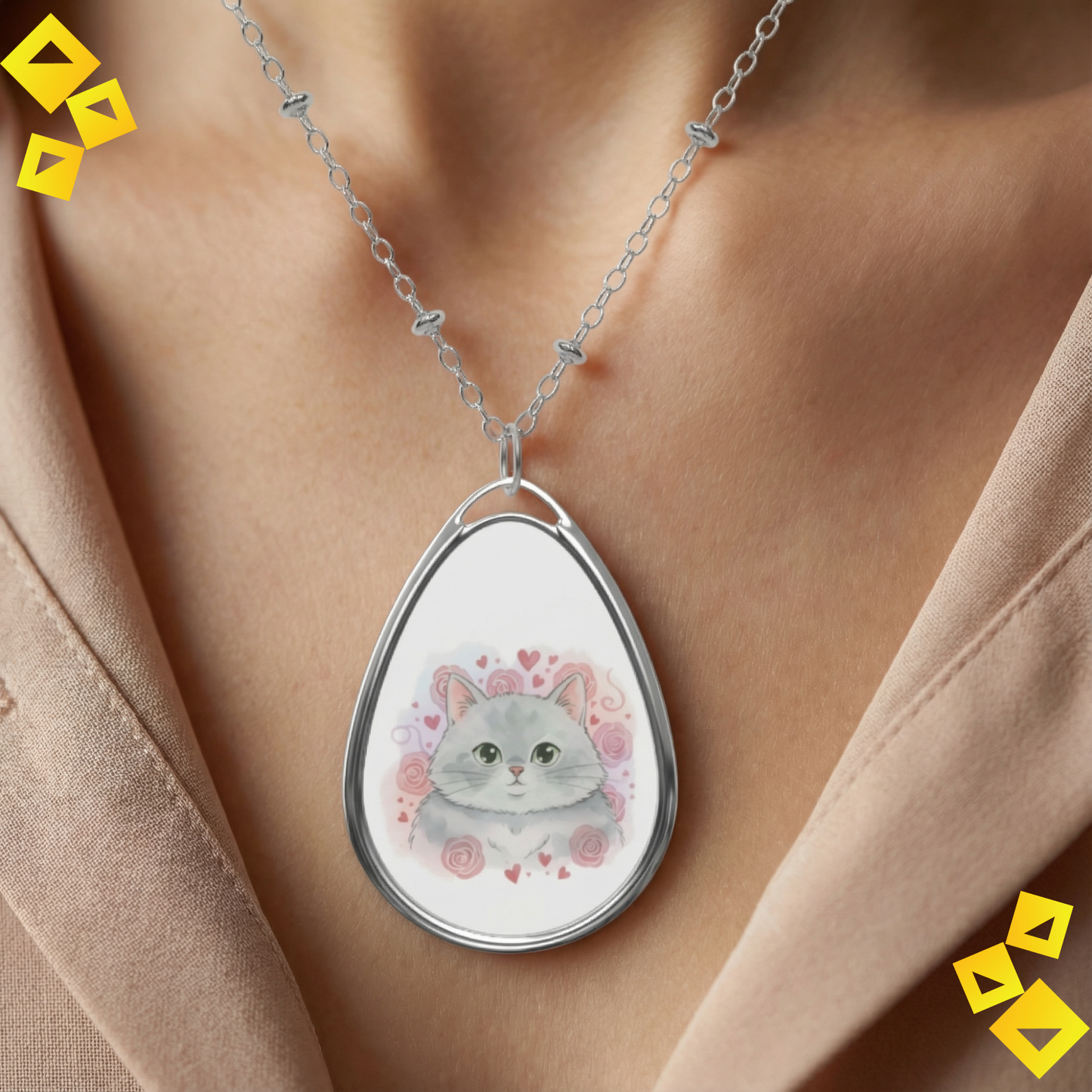 Oval Cat Necklace - Cute Gray Cat Pendant - Romantic Pet Lover Jewelry - Animal Lover Gift with Hearts & Roses