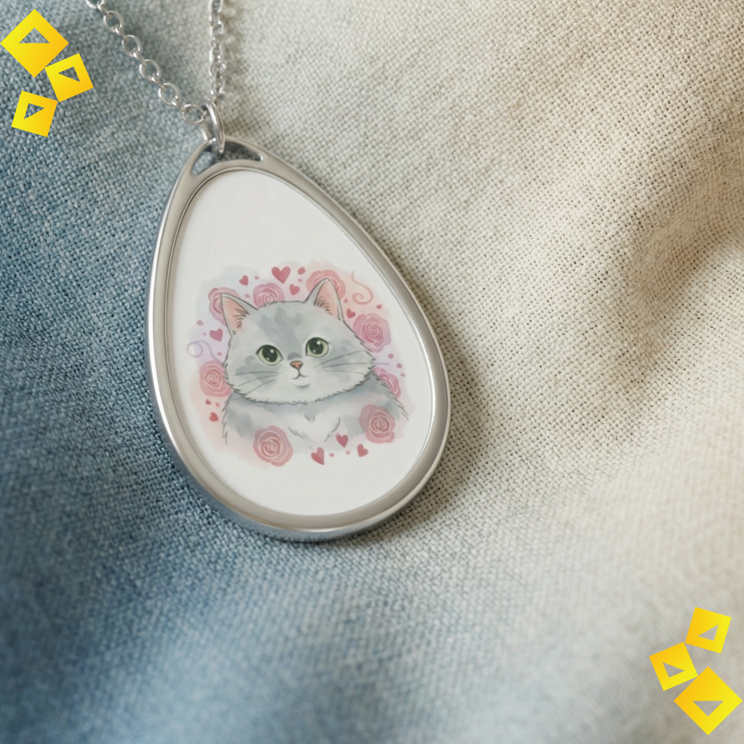 Oval Cat Necklace - Cute Gray Cat Pendant - Romantic Pet Lover Jewelry - Animal Lover Gift with Hearts & Roses
