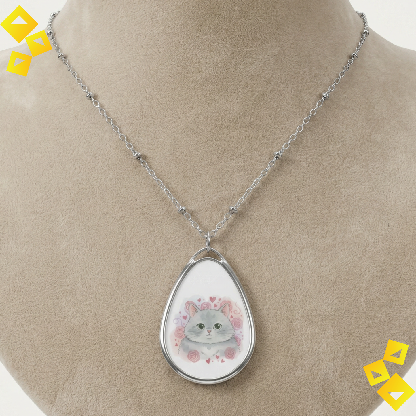 Oval Cat Necklace - Cute Gray Cat Pendant - Romantic Pet Lover Jewelry - Animal Lover Gift with Hearts & Roses