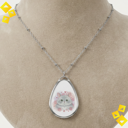 Oval Cat Necklace - Cute Gray Cat Pendant - Romantic Pet Lover Jewelry - Animal Lover Gift with Hearts & Roses