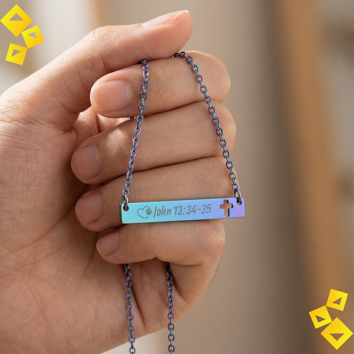 Cutout Cross Bar Necklace - John 13:34-35 - Christian Pet Lover Necklace - Faith Jewelry with Paw Heart