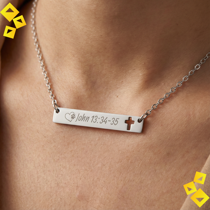 Cutout Cross Bar Necklace - John 13:34-35 - Christian Pet Lover Necklace - Faith Jewelry with Paw Heart